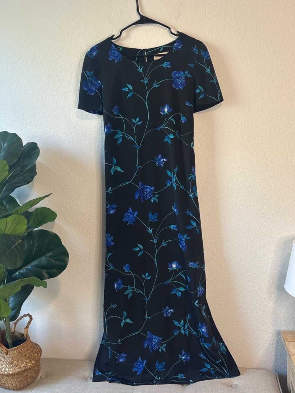 Expressions Black Maxi Dress with Blue Floral Print and tie back waist